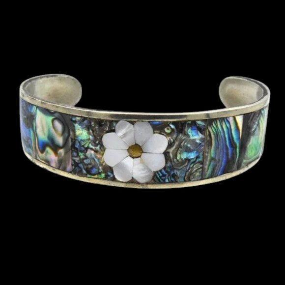 Vintage Flower Abalone MOP Silver Tone Bracelet Hencho En Mexico - Picture 1 of 6